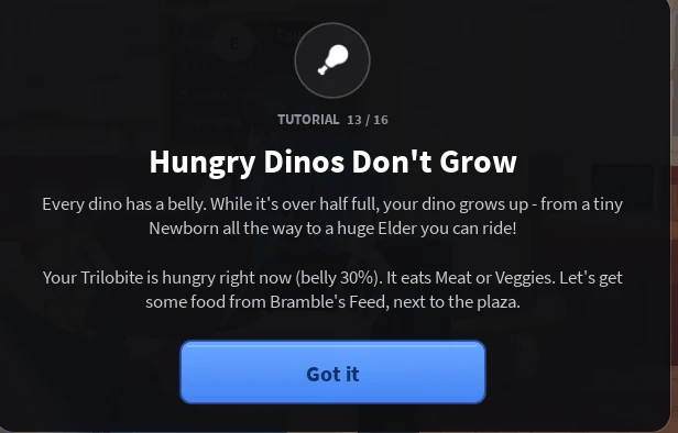 A dinosaur care screen with a hunger reminder