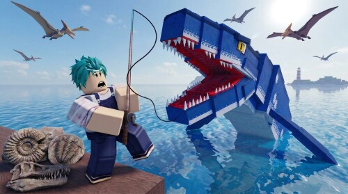 A player with collected fossils beside a large sea creature